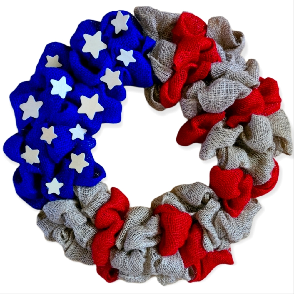 RUSTIC BURLAP AMERICAN FLAG HANDMADE WREATH USA